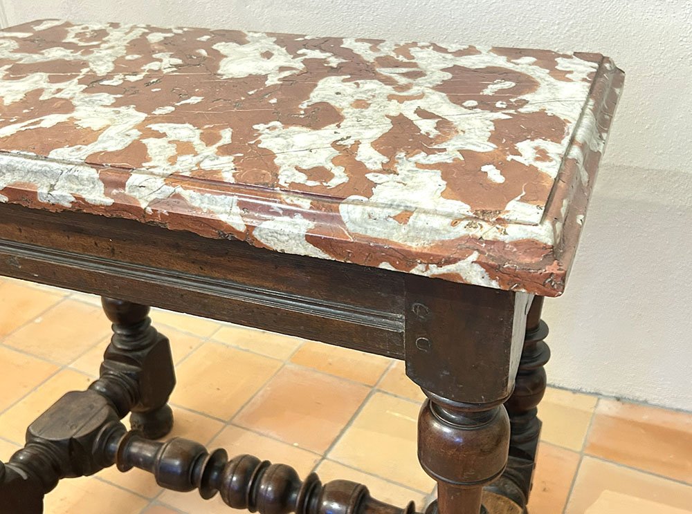Small Louis XIII-style Kitchen Table, Carved Walnut With Crimson Marble, 17th Century-photo-3