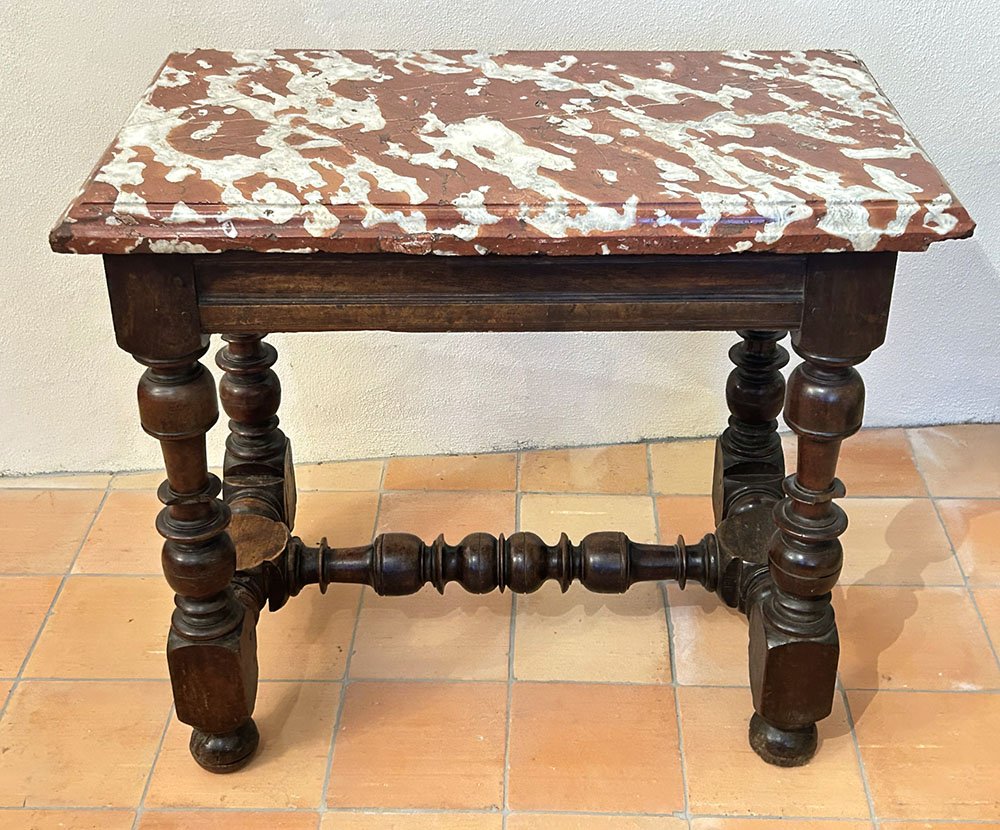 Small Louis XIII-style Kitchen Table, Carved Walnut With Crimson Marble, 17th Century-photo-1