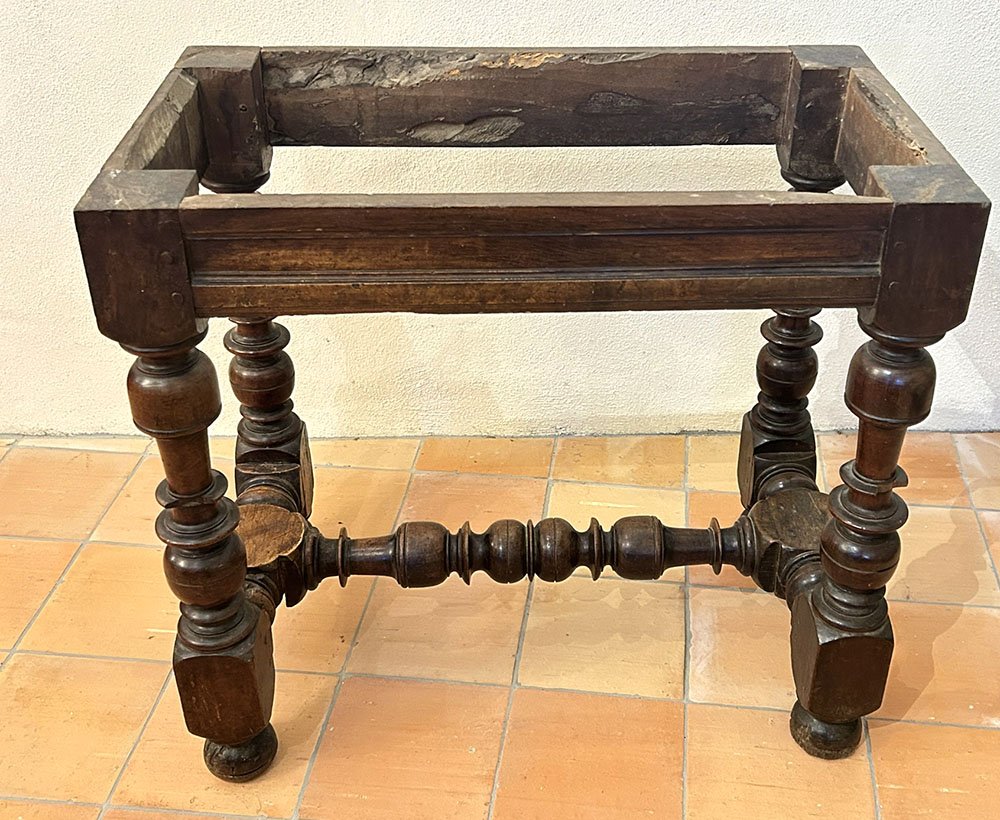 Small Louis XIII-style Kitchen Table, Carved Walnut With Crimson Marble, 17th Century-photo-4