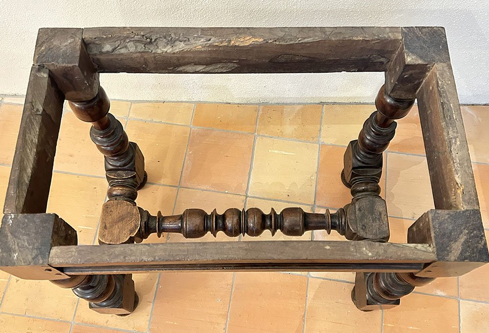 Small Louis XIII-style Kitchen Table, Carved Walnut With Crimson Marble, 17th Century-photo-6