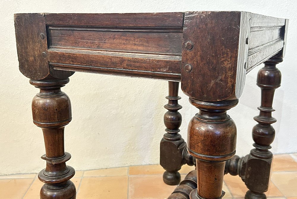 Small Louis XIII-style Kitchen Table, Carved Walnut With Crimson Marble, 17th Century-photo-8