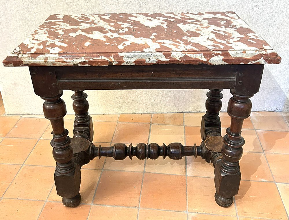 Small Louis XIII-style Kitchen Table, Carved Walnut With Crimson Marble, 17th Century
