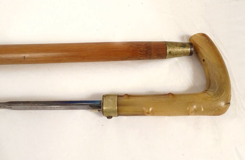 Sword Cane With Damascened Toledo Blade, Horn Pommel, And Wooden Shaft, 19th Century