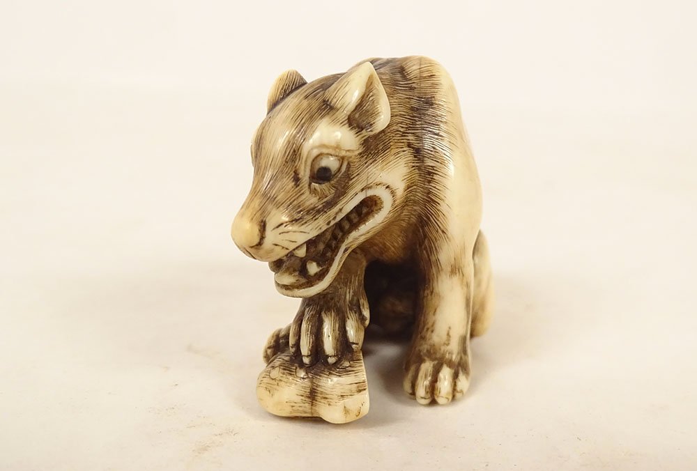 Carved Ivory Netsuke Signed "okakoto," Depicting A Hungry Wolf, Japan, Kyoto, Edo Period, Late 18th Century-photo-2