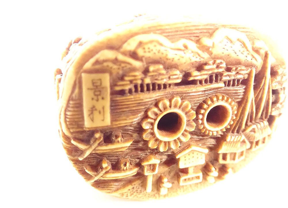 Carved Ivory Netsuke Signed By Kagetoshi, Depicting A Miniature Temple, Edo, Japan, 19th Century-photo-4