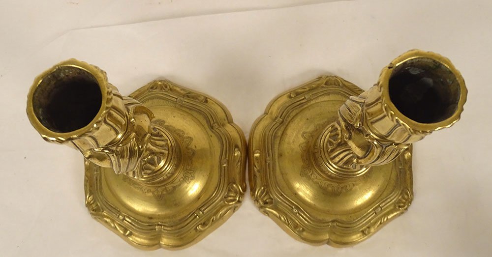 Pair Of Louis XV-style Gilded Bronze Candlesticks With Seashell And Foliage Motifs, 18th Century-photo-8