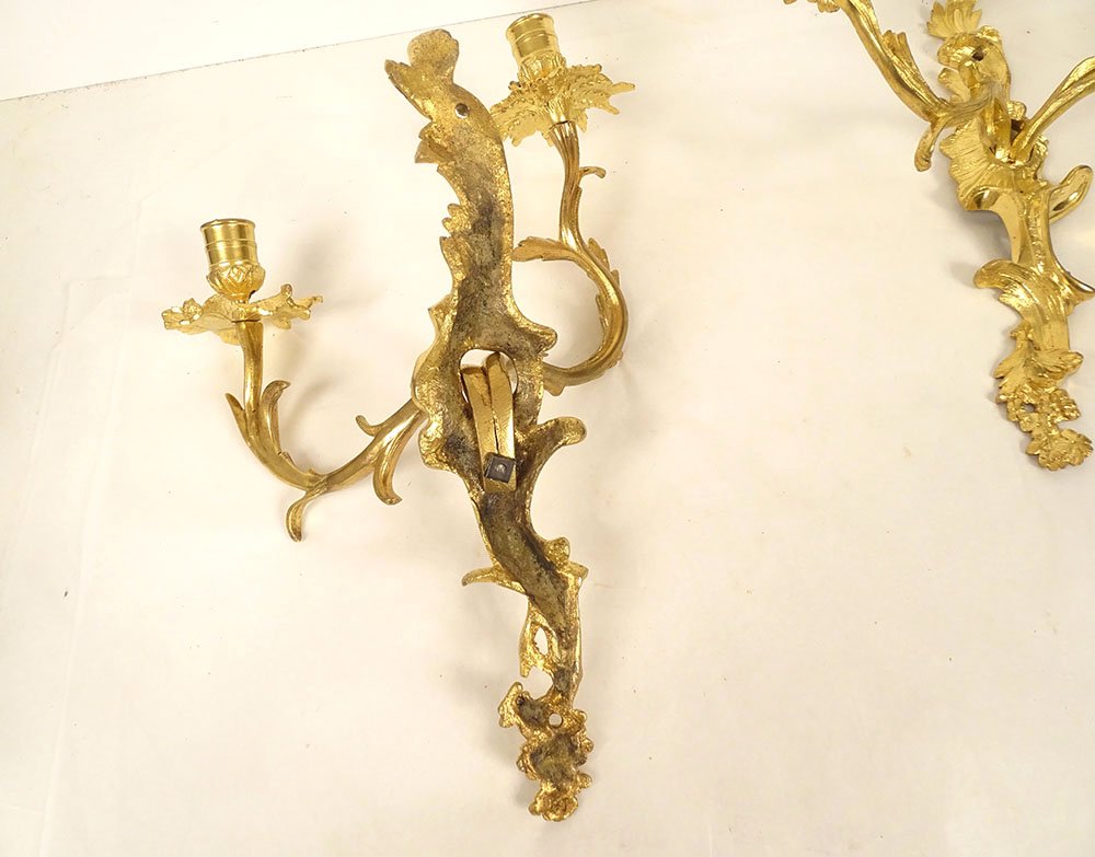 Paire appliques Régence 2 feux bronze doré C Couronné feuillage XVIIIème-photo-7