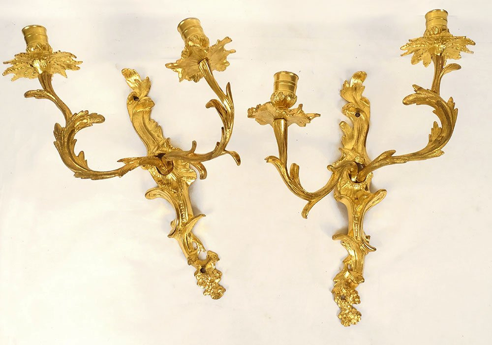 Paire appliques Régence 2 feux bronze doré C Couronné feuillage XVIIIème