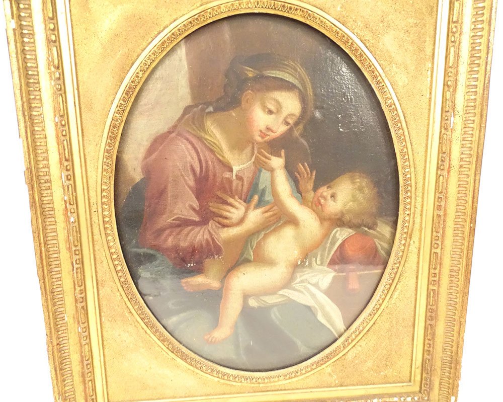 Hst Oval Painting Of The Virgin And Child, Madonna, In A Gilded Frame, Late 18th Century-photo-2