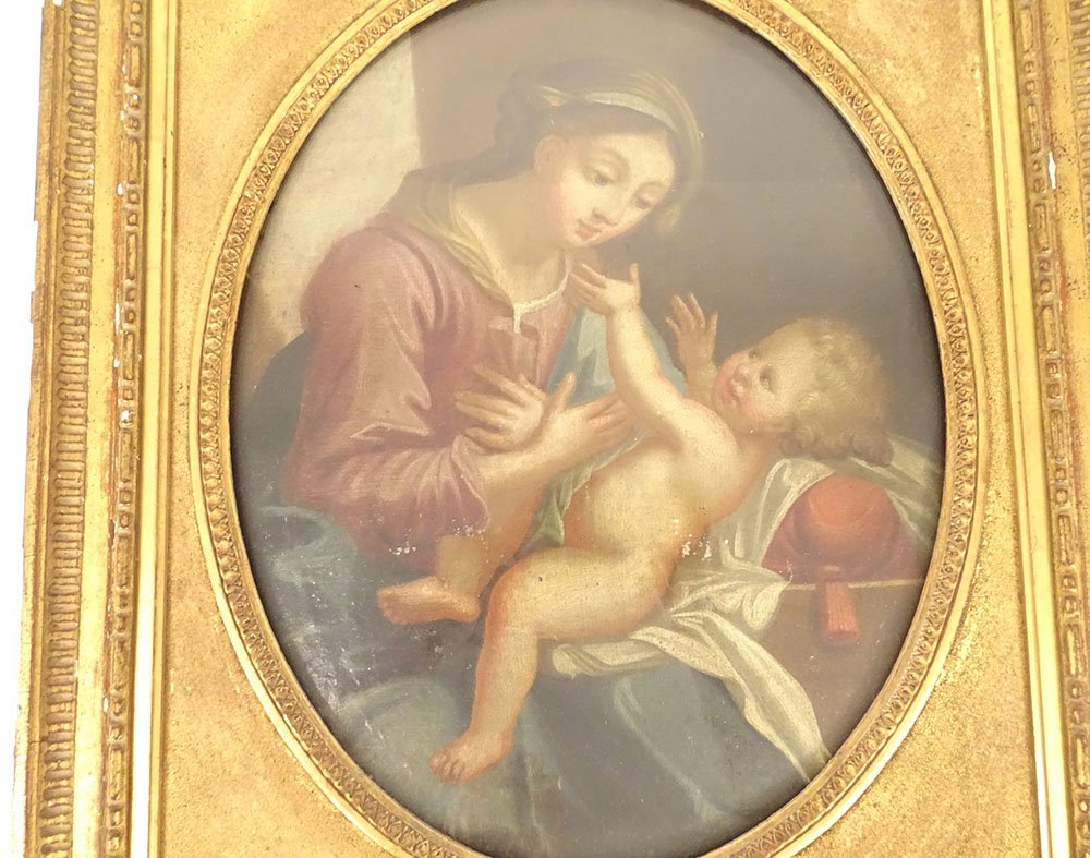 Hst Oval Painting Of The Virgin And Child, Madonna, In A Gilded Frame, Late 18th Century-photo-3
