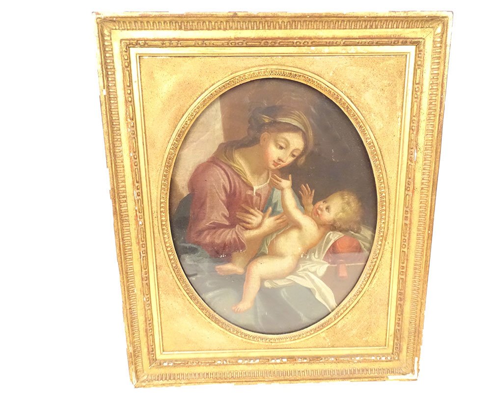 Hst Oval Painting Of The Virgin And Child, Madonna, In A Gilded Frame, Late 18th Century