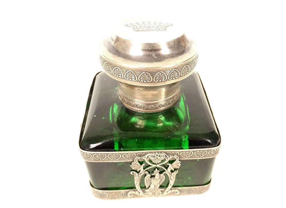 Solid Silver Empire-style Inkwell With Minerva, Eagle, And Antique Crown, 19th Century