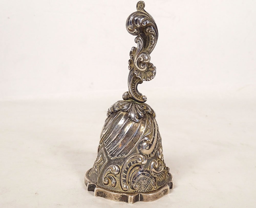 Solid Silver Table Bell, Minerva Design With Flowers And Foliage, 155.49 G, 19th Century-photo-4