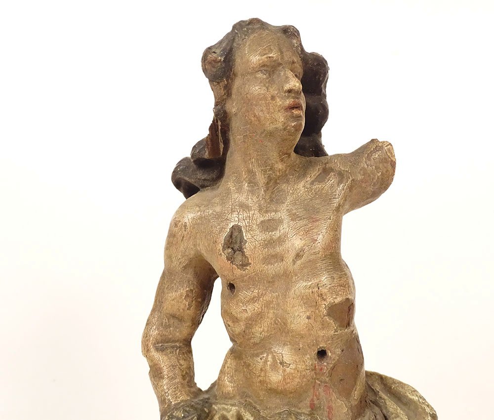 Sculpture statuette bois polychrome Saint-Sébastien martyr XVIIème siècle-photo-2