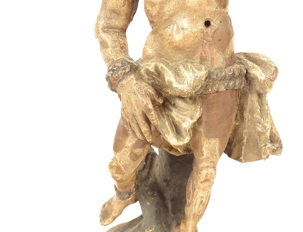 Sculpture statuette bois polychrome Saint-Sébastien martyr XVIIème siècle-photo-3