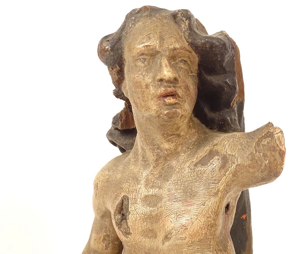 Sculpture statuette bois polychrome Saint-Sébastien martyr XVIIème siècle-photo-1