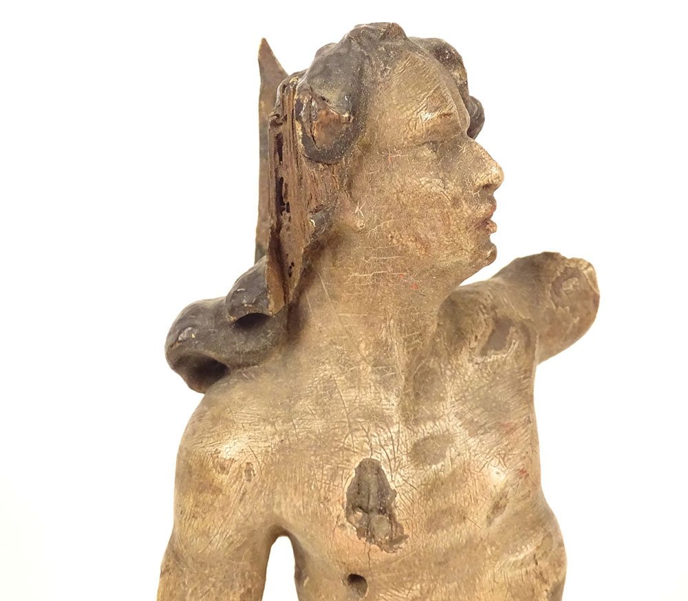 Sculpture statuette bois polychrome Saint-Sébastien martyr XVIIème siècle-photo-2