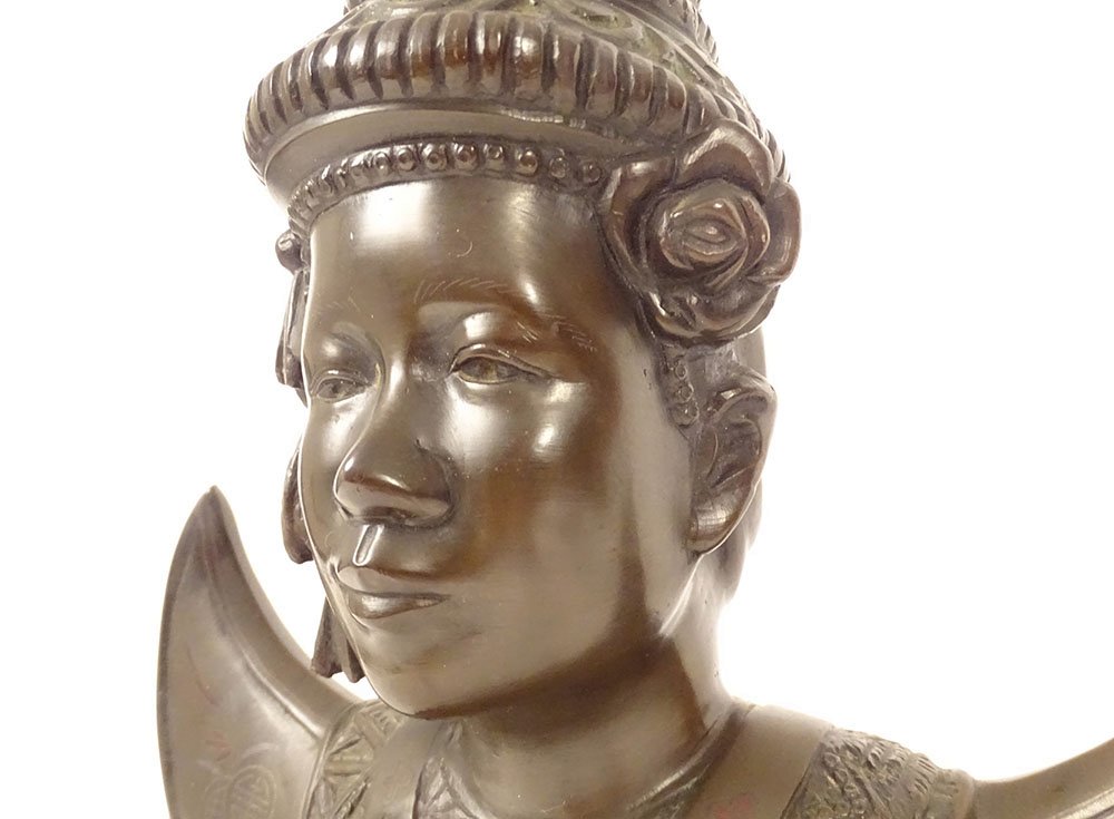 Bronze Bust Sculpture Of An Apsara Dancer, Vietnam, Indochina, Bien Hoa School, 20th Century-photo-3