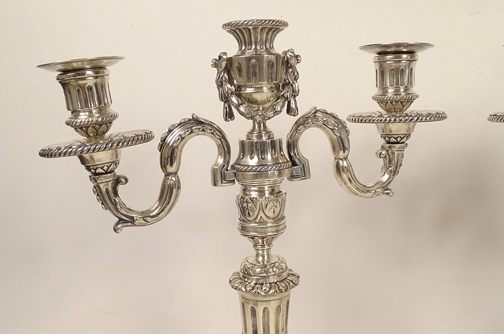 Pair Of 3-light Louis XVI Candelabras, Silver-plated Metal, 40 Cm, 18th Century-photo-2