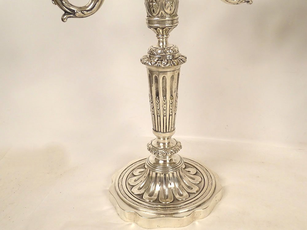 Pair Of 3-light Louis XVI Candelabras, Silver-plated Metal, 40 Cm, 18th Century-photo-3