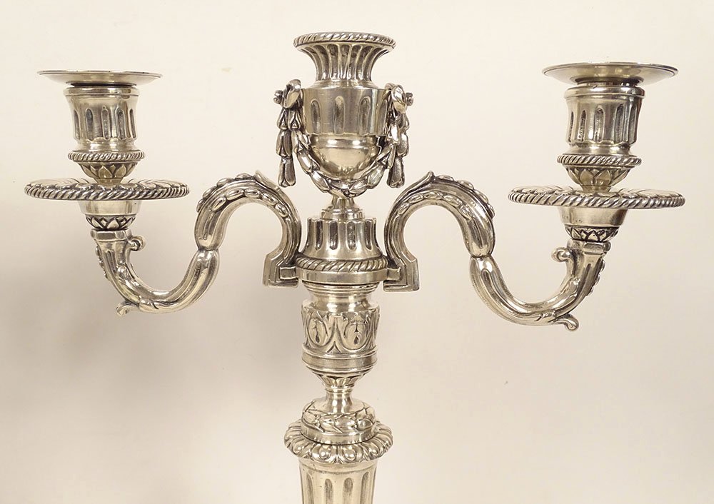 Pair Of 3-light Louis XVI Candelabras, Silver-plated Metal, 40 Cm, 18th Century-photo-4