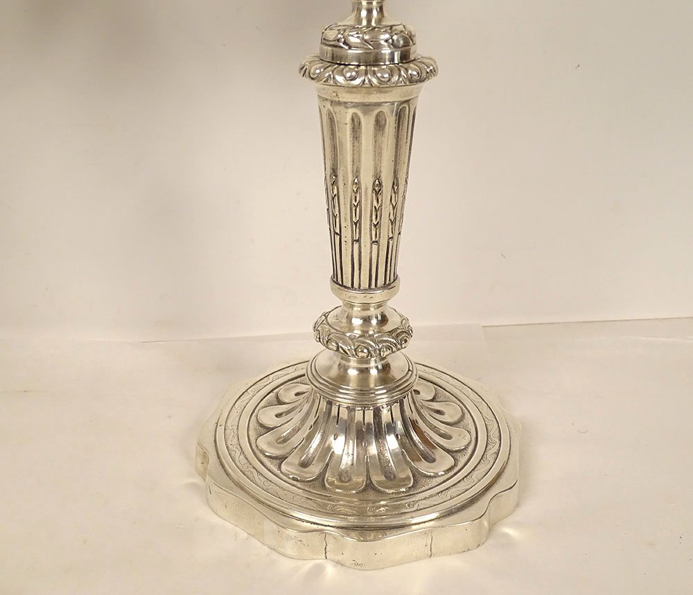 Pair Of 3-light Louis XVI Candelabras, Silver-plated Metal, 40 Cm, 18th Century-photo-1