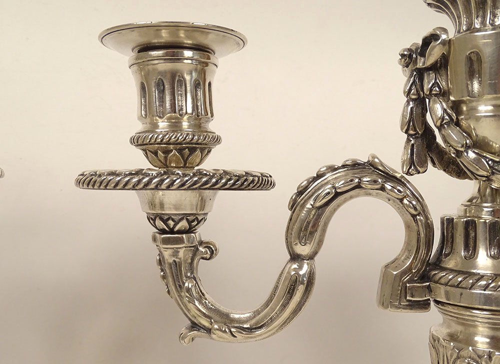 Pair Of 3-light Louis XVI Candelabras, Silver-plated Metal, 40 Cm, 18th Century-photo-2