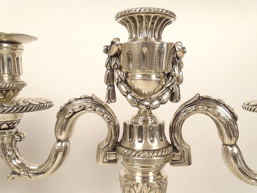 Pair Of 3-light Louis XVI Candelabras, Silver-plated Metal, 40 Cm, 18th Century-photo-3
