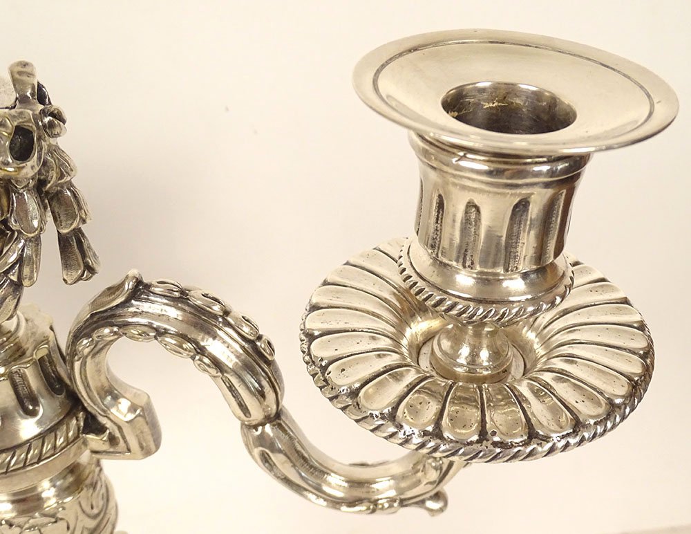 Pair Of 3-light Louis XVI Candelabras, Silver-plated Metal, 40 Cm, 18th Century-photo-4