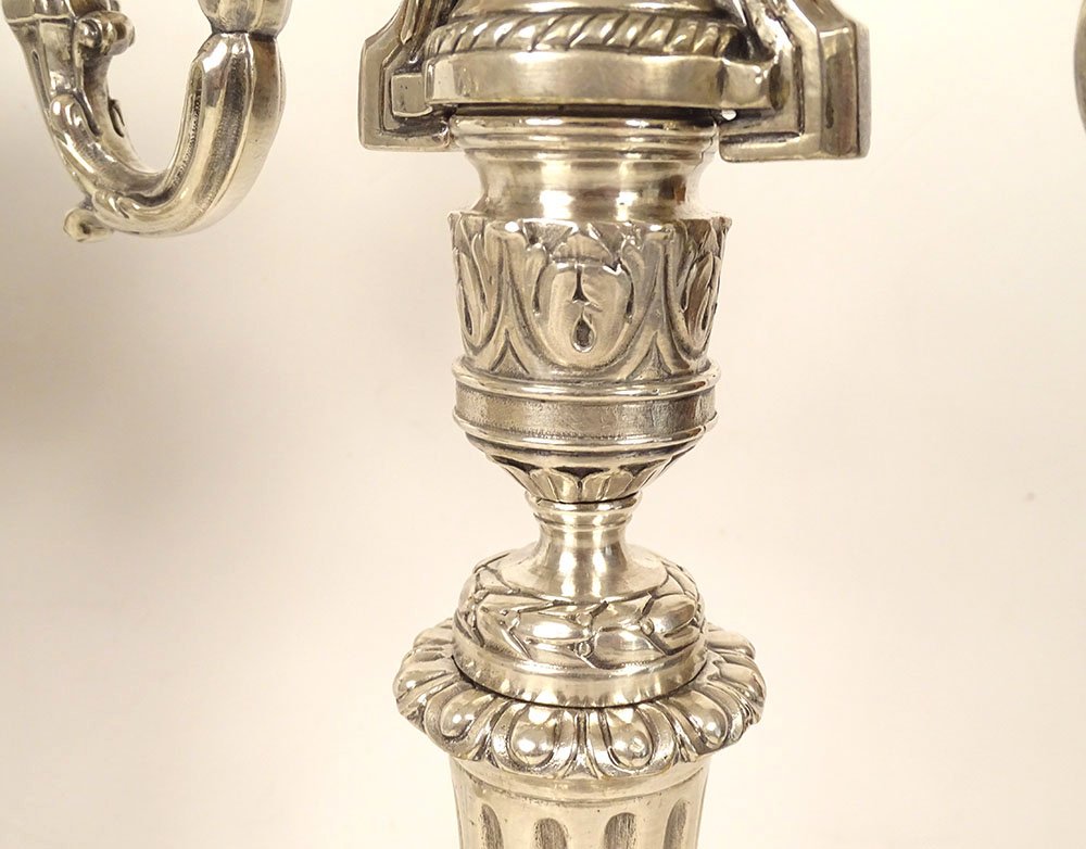 Pair Of 3-light Louis XVI Candelabras, Silver-plated Metal, 40 Cm, 18th Century-photo-6