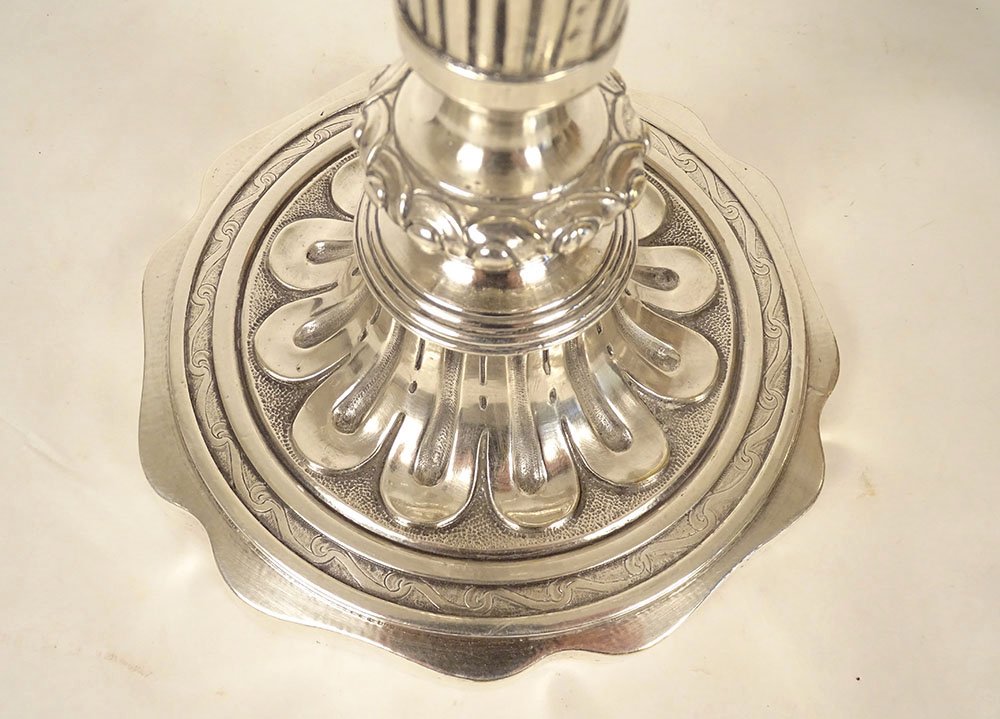 Pair Of 3-light Louis XVI Candelabras, Silver-plated Metal, 40 Cm, 18th Century-photo-8