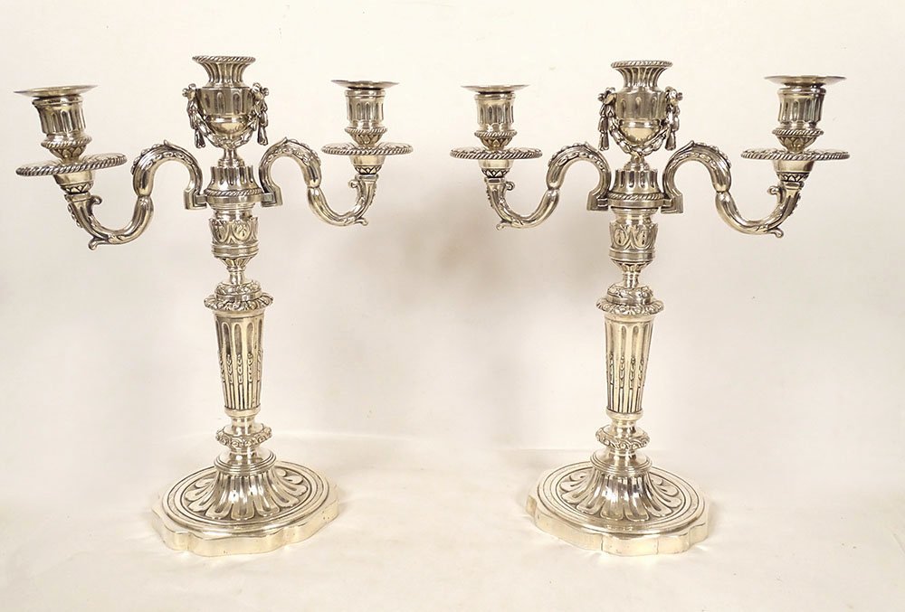 Pair Of 3-light Louis XVI Candelabras, Silver-plated Metal, 40 Cm, 18th Century