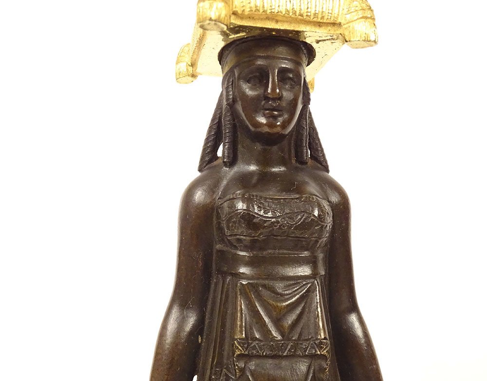 Pair Of Bronze Candlesticks Featuring Female Caryatids, "return To Egypt," Consulat Style, Marble, 19th Century-photo-4