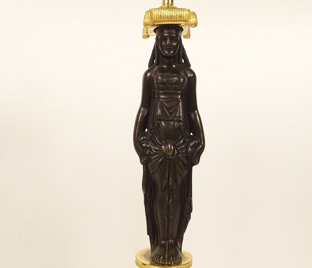 Pair Of Bronze Candlesticks Featuring Female Caryatids, "return To Egypt," Consulat Style, Marble, 19th Century-photo-4
