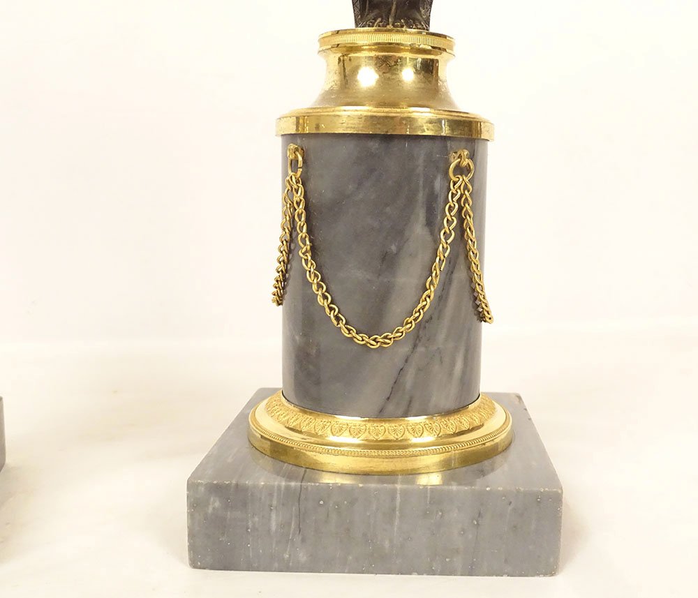 Pair Of Bronze Candlesticks Featuring Female Caryatids, "return To Egypt," Consulat Style, Marble, 19th Century-photo-5