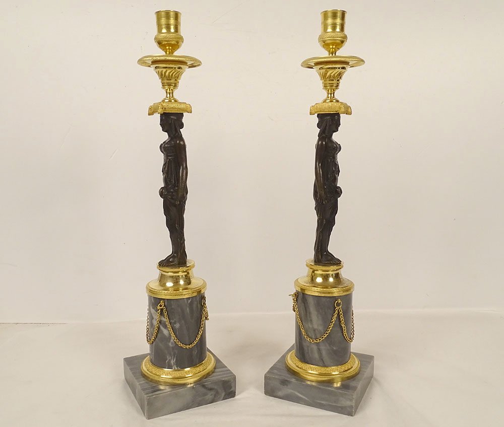 Pair Of Bronze Candlesticks Featuring Female Caryatids, "return To Egypt," Consulat Style, Marble, 19th Century-photo-6