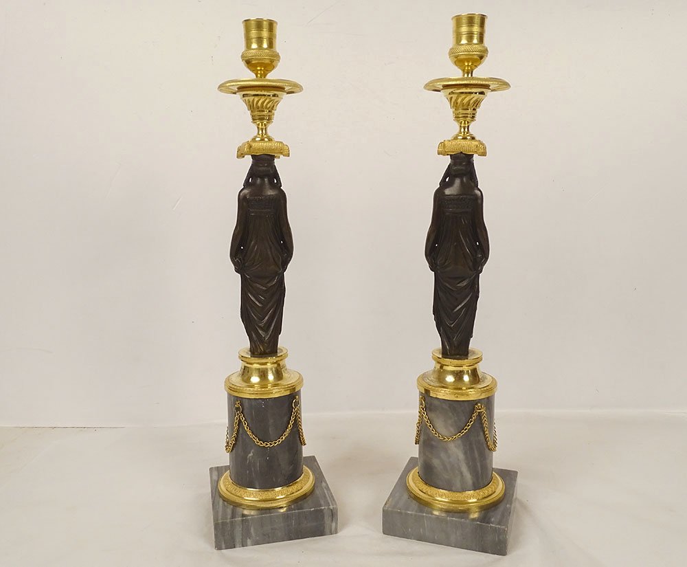 Pair Of Bronze Candlesticks Featuring Female Caryatids, "return To Egypt," Consulat Style, Marble, 19th Century-photo-7