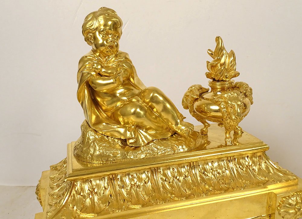Pair Of Gilded Bronze Louis XVI Andirons With Ram Figures, Acanthus Leaves, And Drapery, 18th Century-photo-2