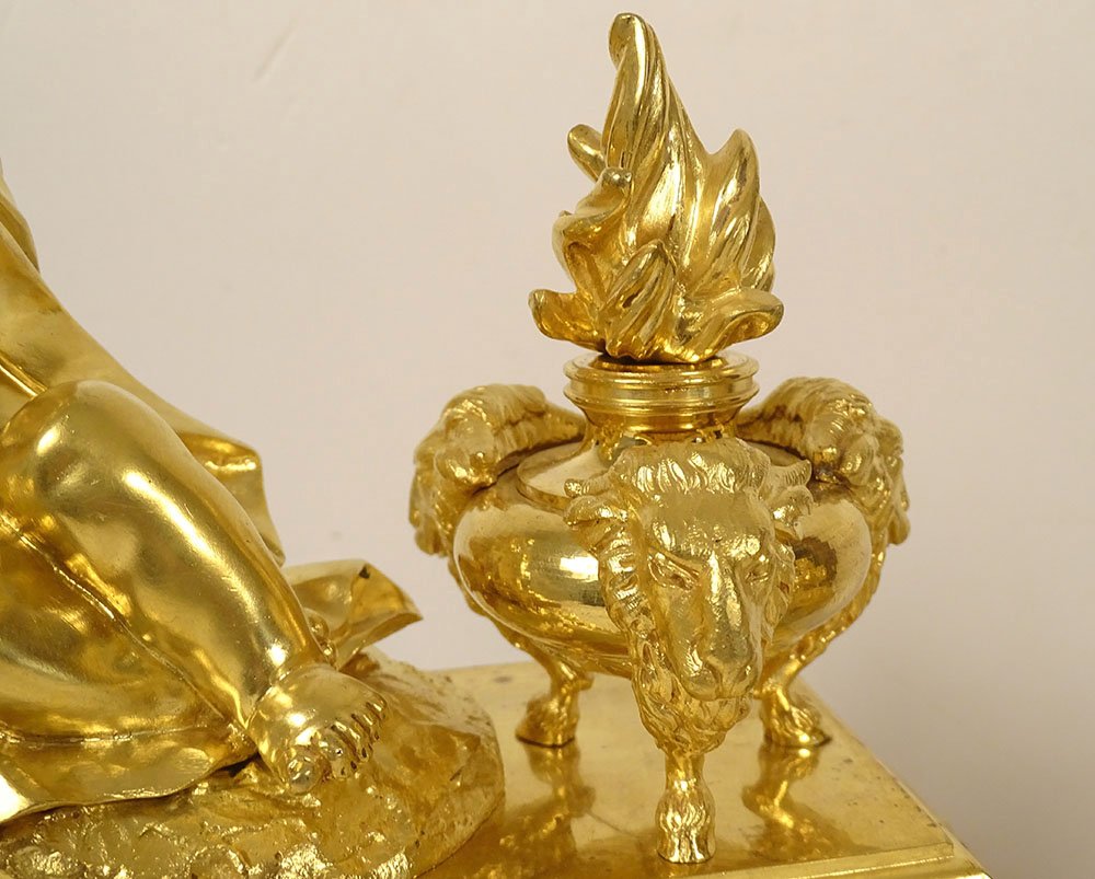 Pair Of Gilded Bronze Louis XVI Andirons With Ram Figures, Acanthus Leaves, And Drapery, 18th Century-photo-4