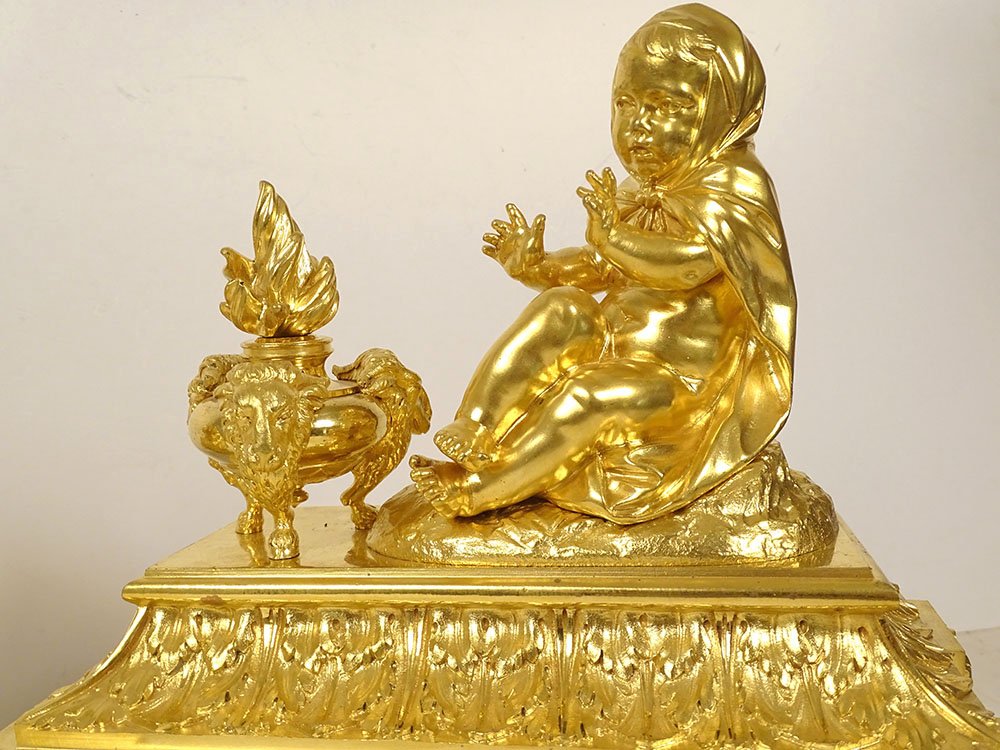 Pair Of Gilded Bronze Louis XVI Andirons With Ram Figures, Acanthus Leaves, And Drapery, 18th Century-photo-3