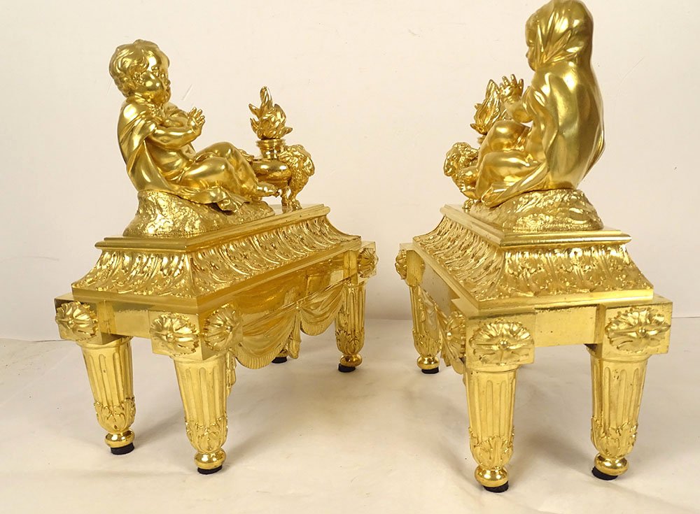 Pair Of Gilded Bronze Louis XVI Andirons With Ram Figures, Acanthus Leaves, And Drapery, 18th Century-photo-5