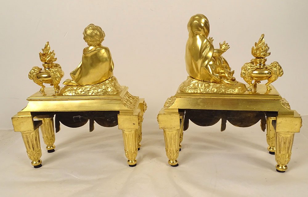 Pair Of Gilded Bronze Louis XVI Andirons With Ram Figures, Acanthus Leaves, And Drapery, 18th Century-photo-6