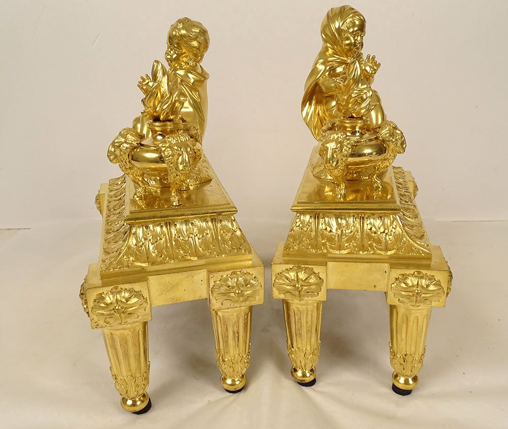 Pair Of Gilded Bronze Louis XVI Andirons With Ram Figures, Acanthus Leaves, And Drapery, 18th Century-photo-7