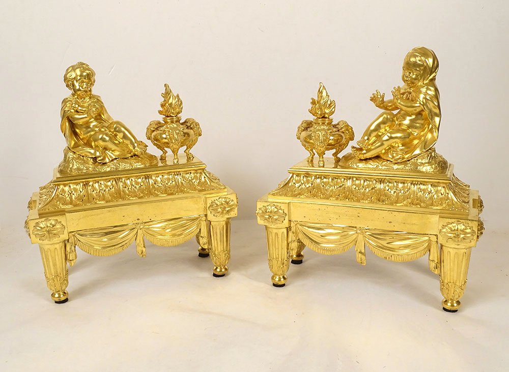 Pair Of Gilded Bronze Louis XVI Andirons With Ram Figures, Acanthus Leaves, And Drapery, 18th Century
