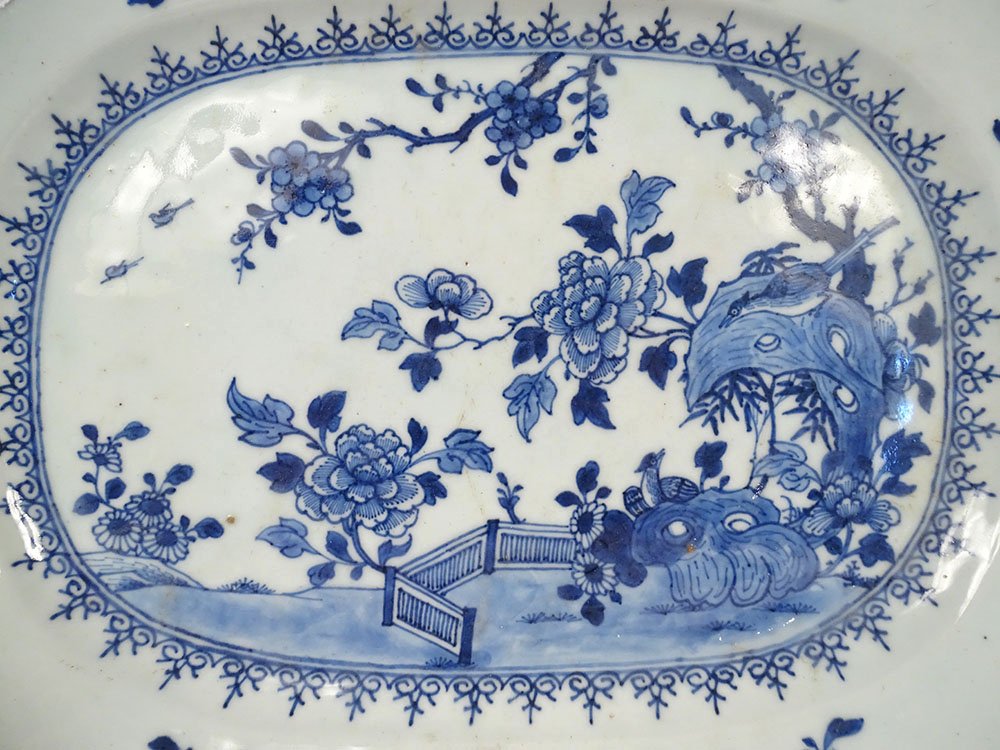 Plat octogonal porcelaine Chine blanc-bleu paysage fleurs Qianlong XVIIIème-photo-2