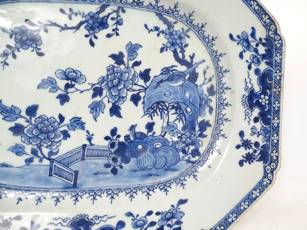Plat octogonal porcelaine Chine blanc-bleu paysage fleurs Qianlong XVIIIème-photo-4
