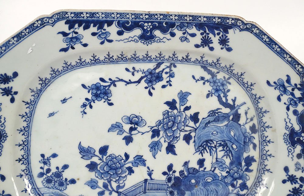 Plat octogonal porcelaine Chine blanc-bleu paysage fleurs Qianlong XVIIIème-photo-2