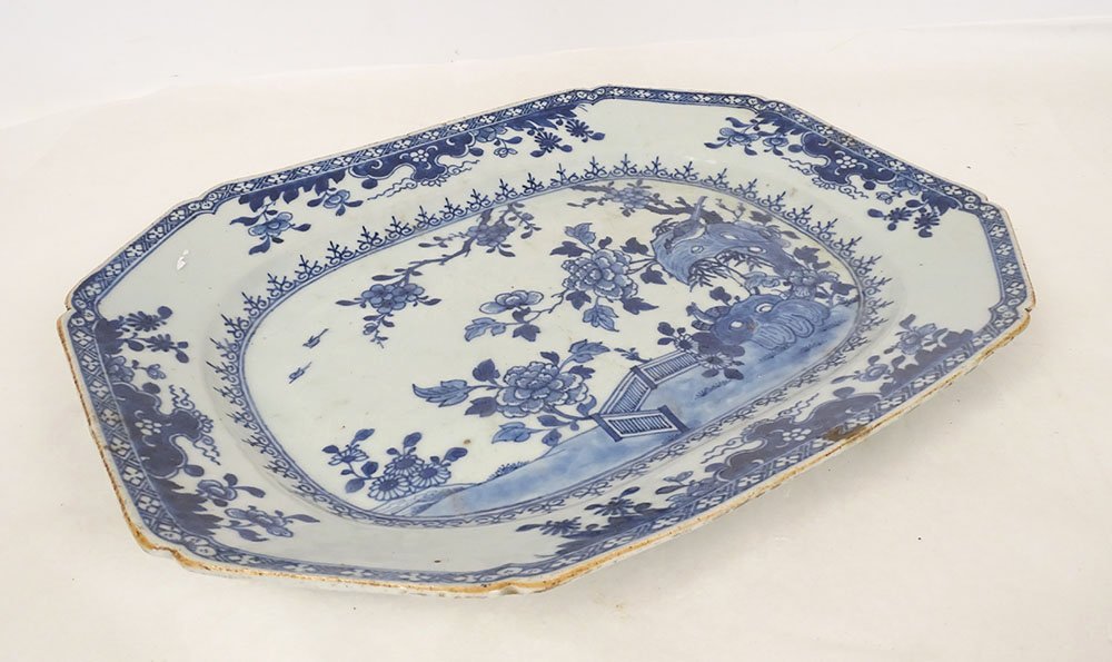 Plat octogonal porcelaine Chine blanc-bleu paysage fleurs Qianlong XVIIIème-photo-3