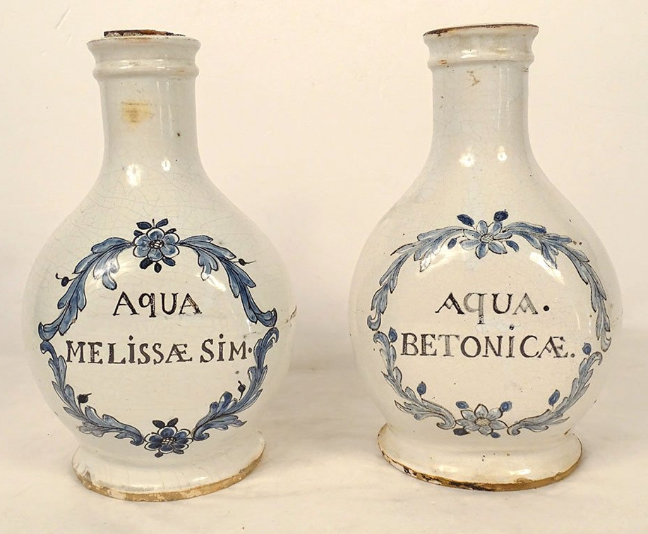 Pair Of Nevers Earthenware Pharmacy Jars In A Monochrome Palette Featuring Lemon Balm And Betony, 18th Century
