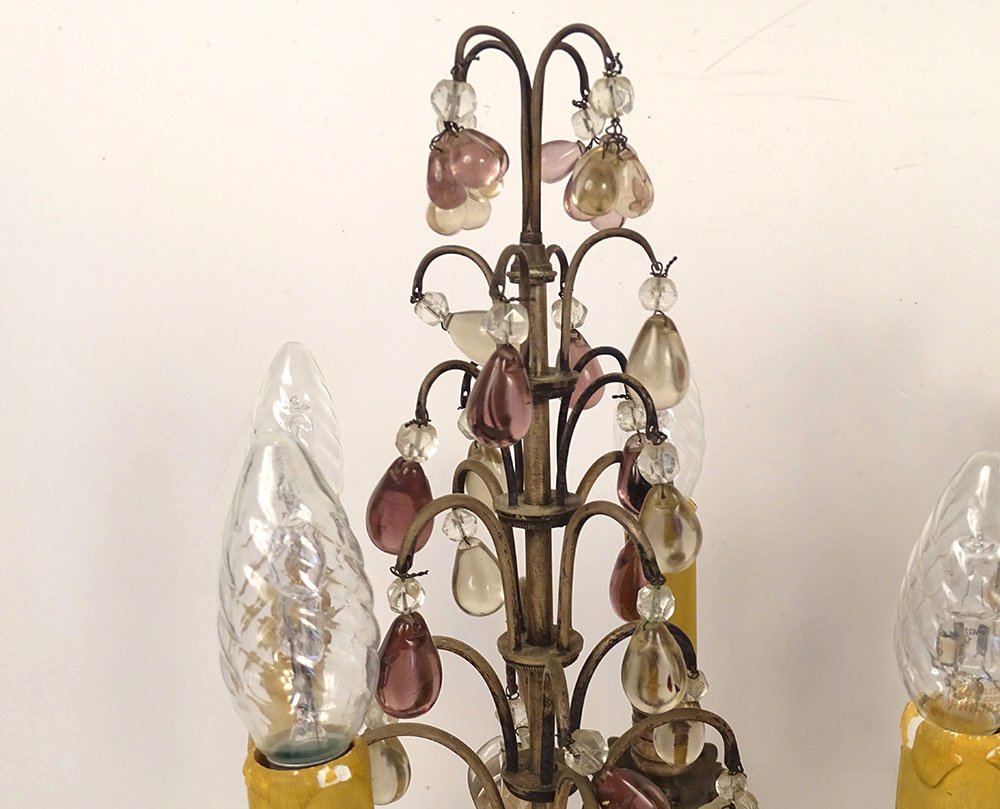 Pair Of 4-light Silver-plated Bronze Sconces With Fruit-colored Crystal Pendants, 19th Century-photo-2
